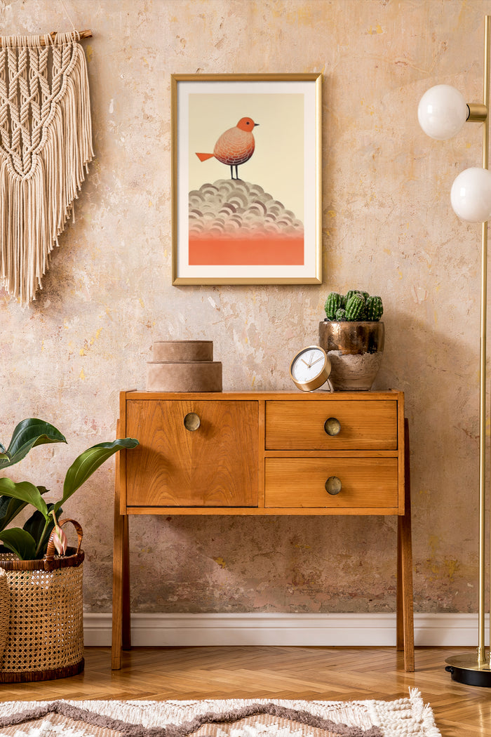 Stylish interior with modern bird artwork in wooden frame above wooden console table