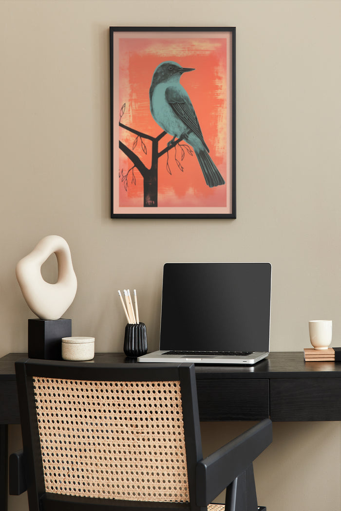 Contemporary bird illustration with vibrant red background wall art in stylish home office setting