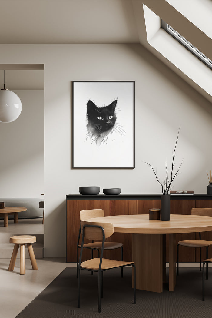 Black Cat Ink Art Poster Image in a Modern Dining Room Interior