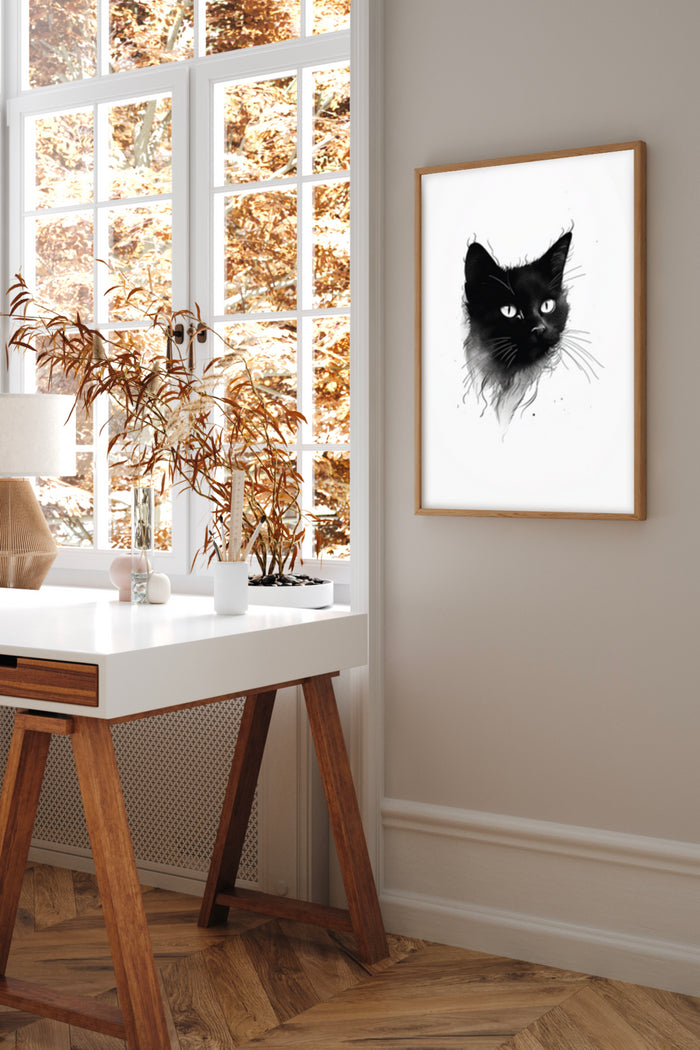 Black cat portrait with expressive eyes on a wall poster, enhancing a stylish home office interior