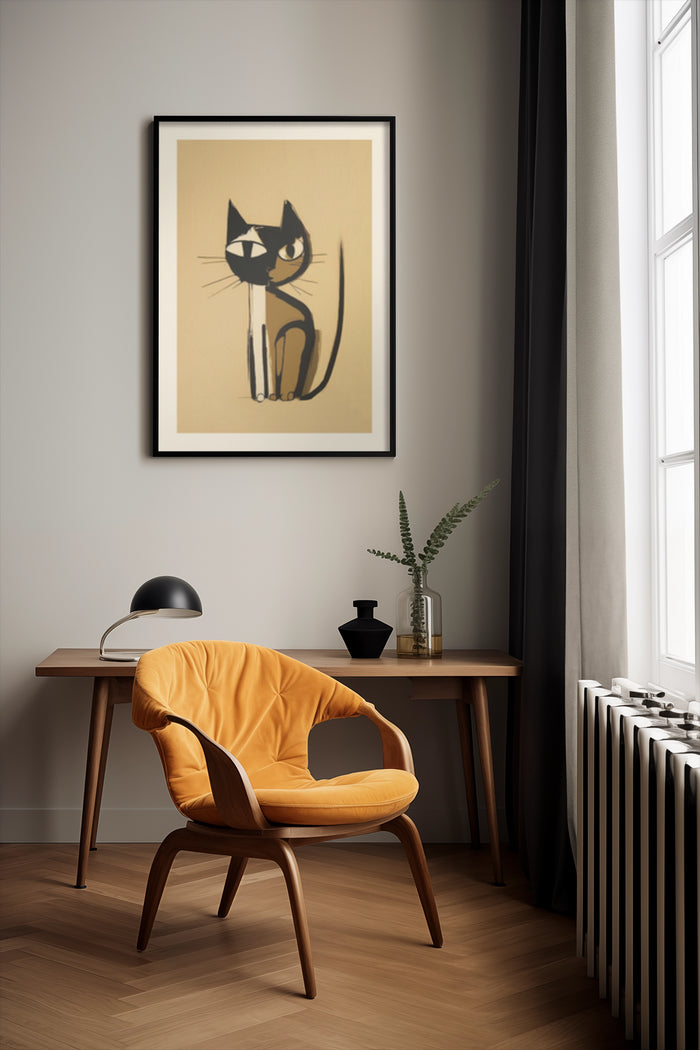 Stylish black cat artwork in a contemporary home setting with an elegant yellow chair and wooden furniture