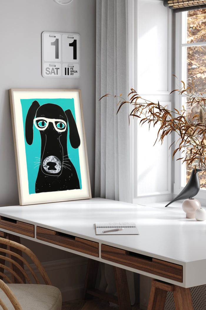 Modern black dog illustration with glasses poster in a stylish room setup