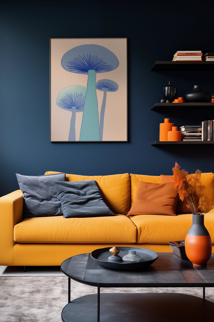 Stylish living room interior with modern abstract mushroom artwork in blue tones