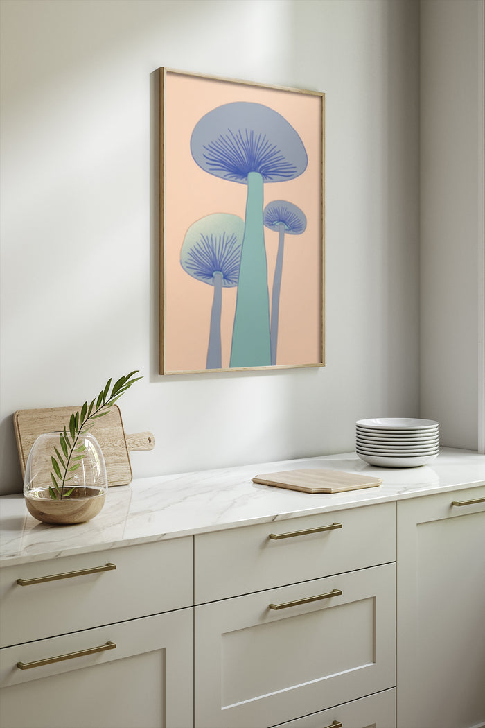 Stylish blue mushroom artwork in a contemporary kitchen setting for interior decoration