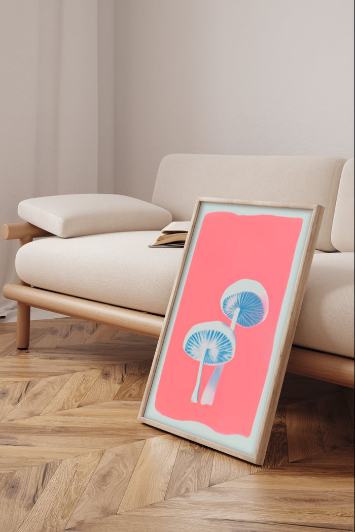 Minimalist blue mushrooms illustration poster framed in a contemporary living room decor