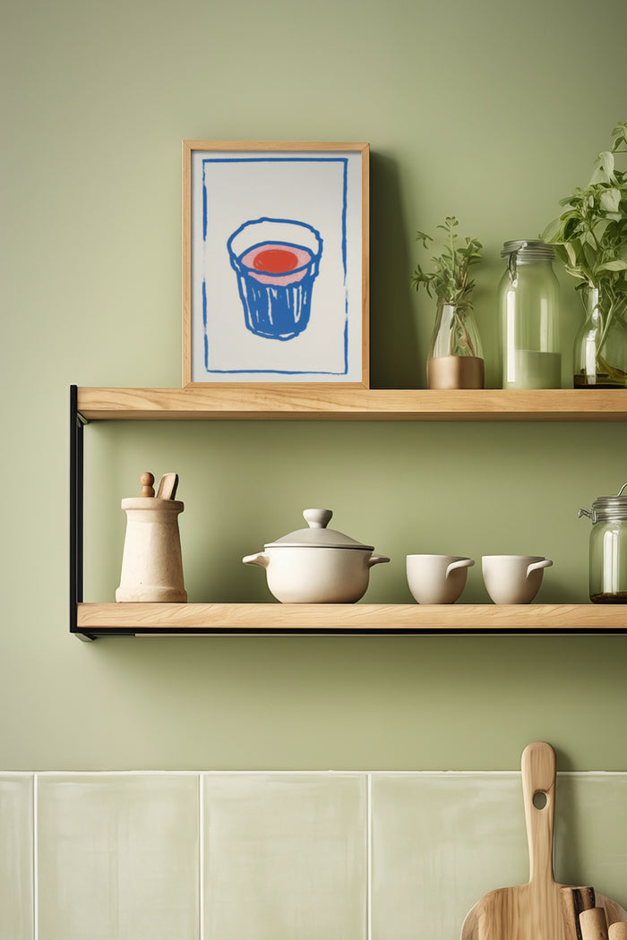 Modern blue paint bucket artwork in wooden frame on a shelf with kitchen utensils and plants