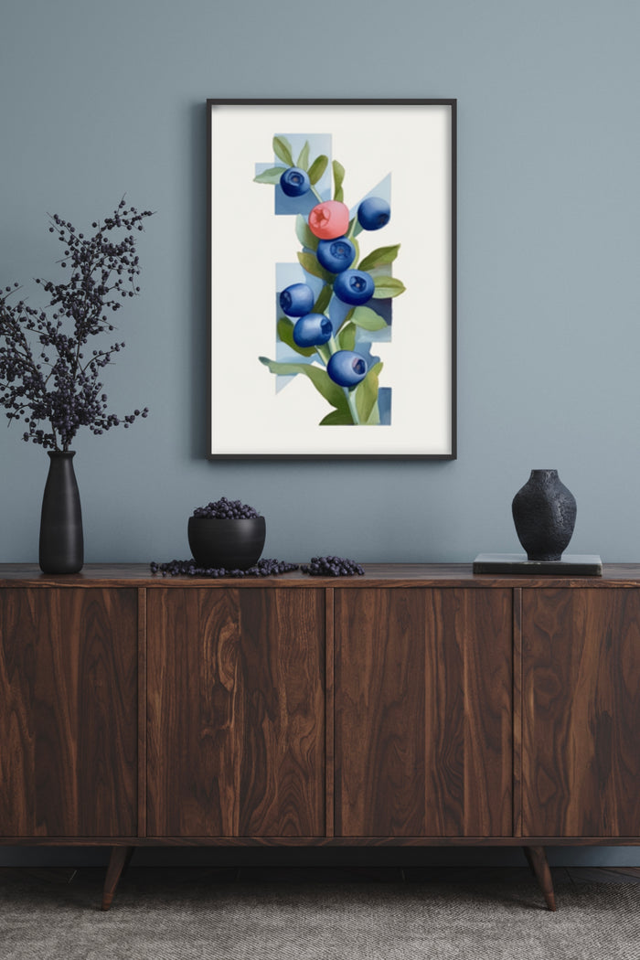 Modern blueberries artwork poster framed on a wall in a stylish interior setting