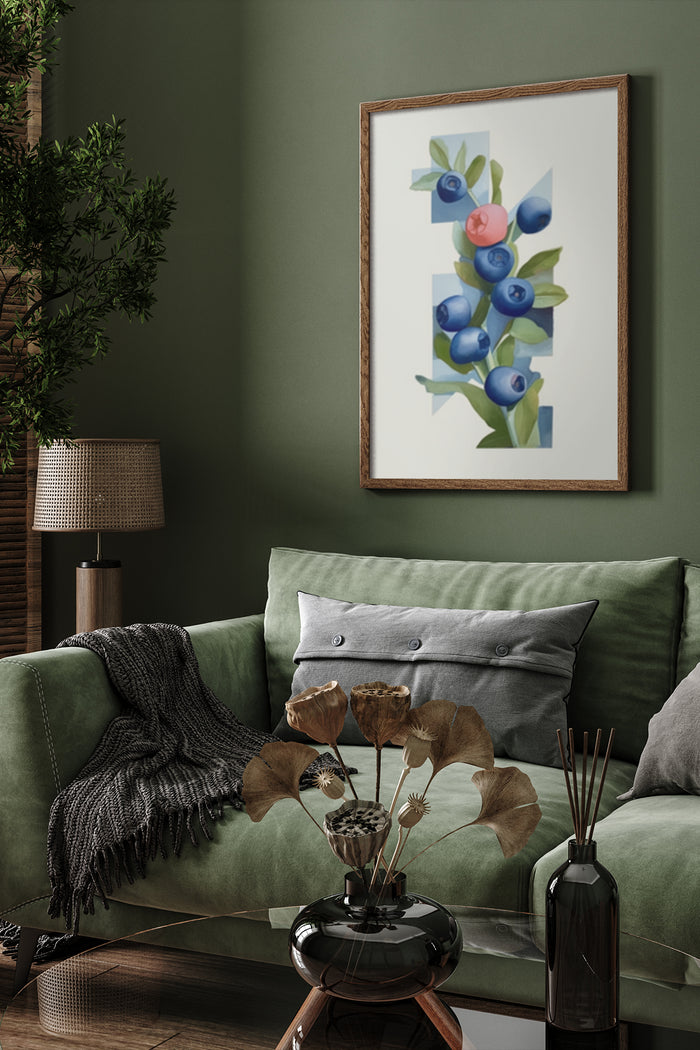 Stylish blueberry botanical art poster framed on a living room wall
