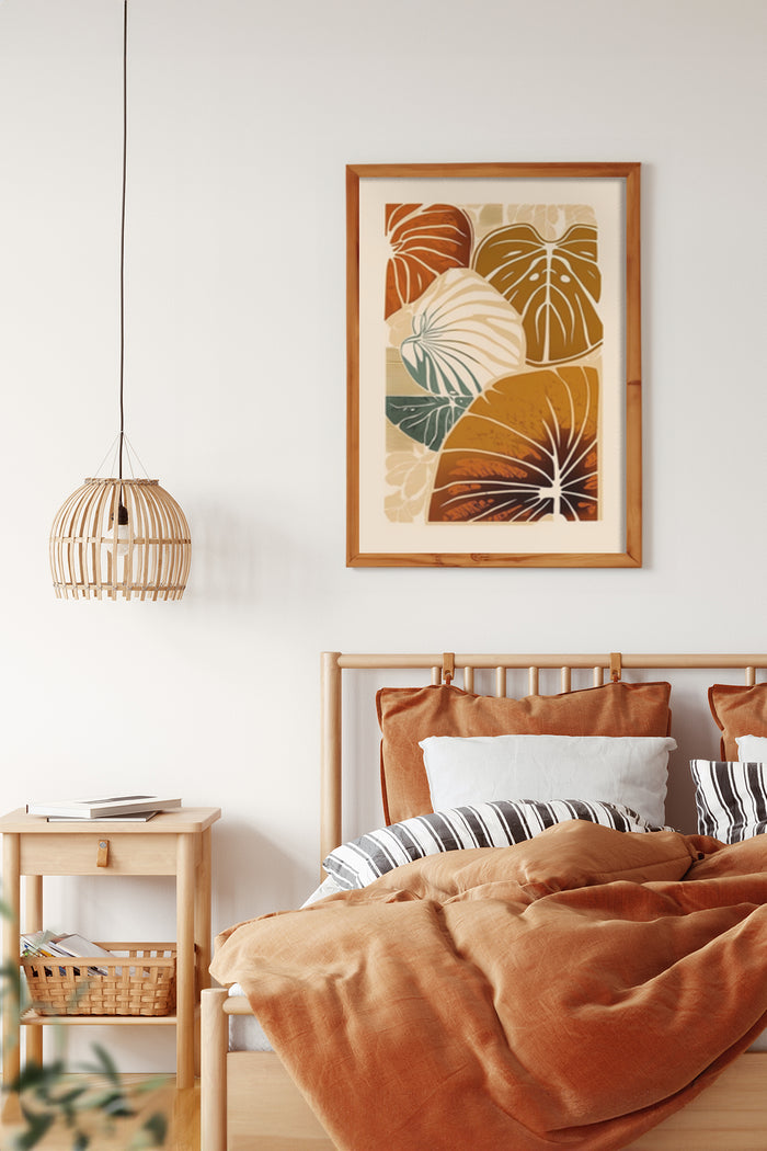 Contemporary botanical illustration poster framed on bedroom wall with earth-toned bedding decor