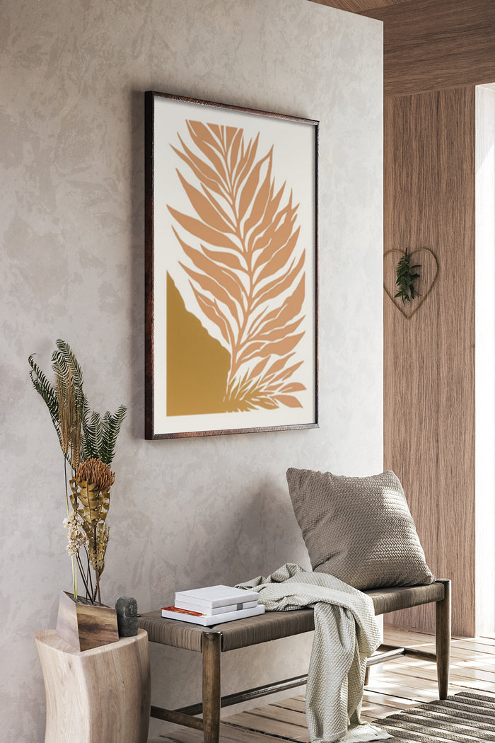 Elegant interior design featuring a botanical art print with amber and white leaf motif
