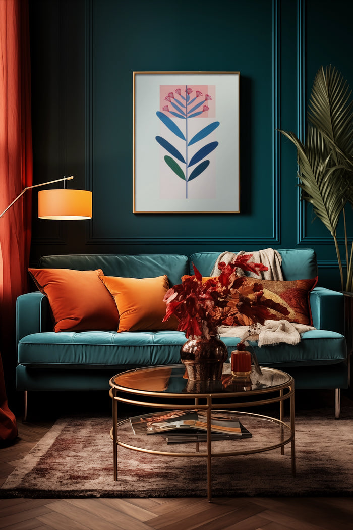 Stylish interior with modern botanical poster, teal sofa and elegant coffee table
