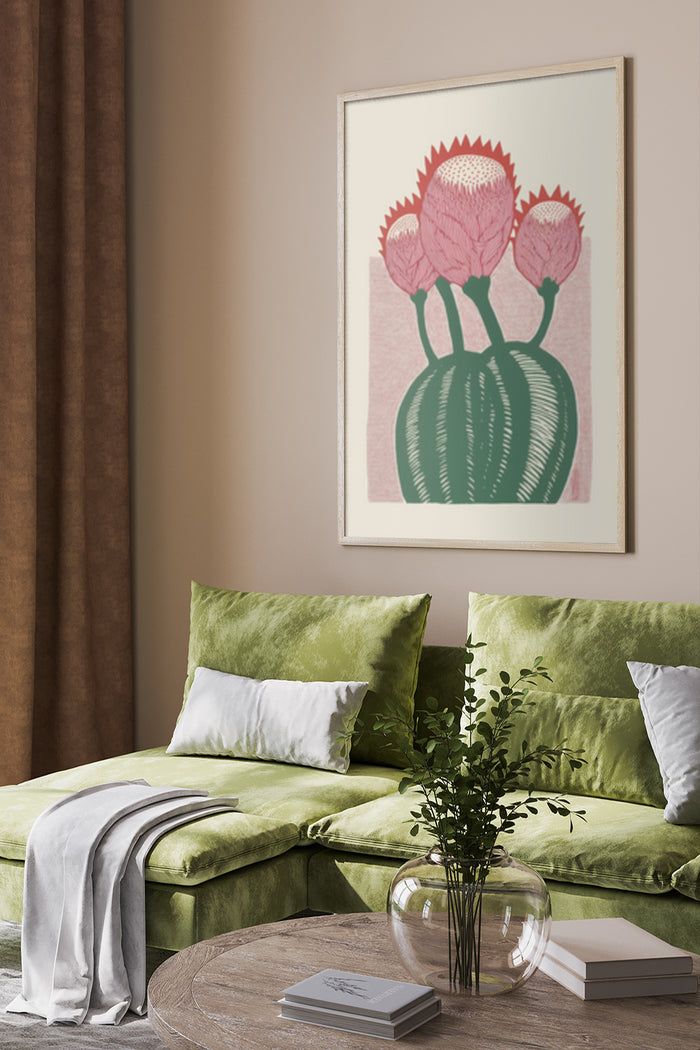 Modern botanical art poster featuring a cactus with pink flowers in a chic living room setting