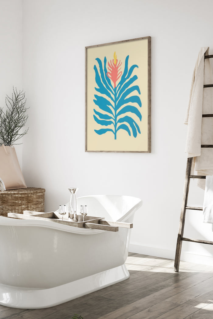 Contemporary blue and pink botanical leaf artwork hanging in a stylish bathroom setting