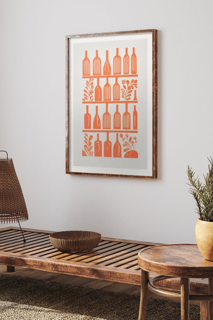 Modern minimalist art poster featuring stylized bottles and leaves in warm terracotta hues