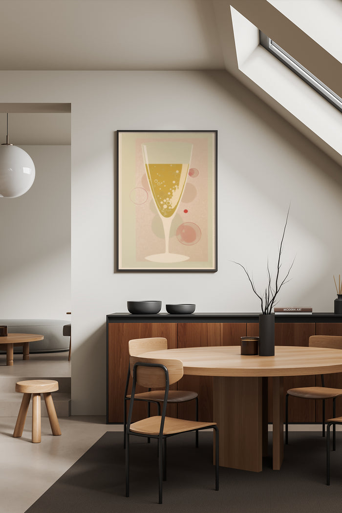 Modern minimalist champagne glass poster in stylish dining room interior