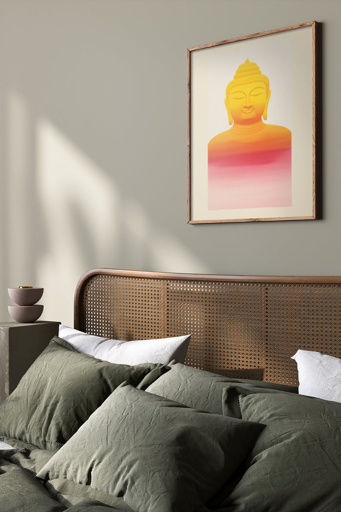 Contemporary Buddha poster in a cozy bedroom interior with earth tones