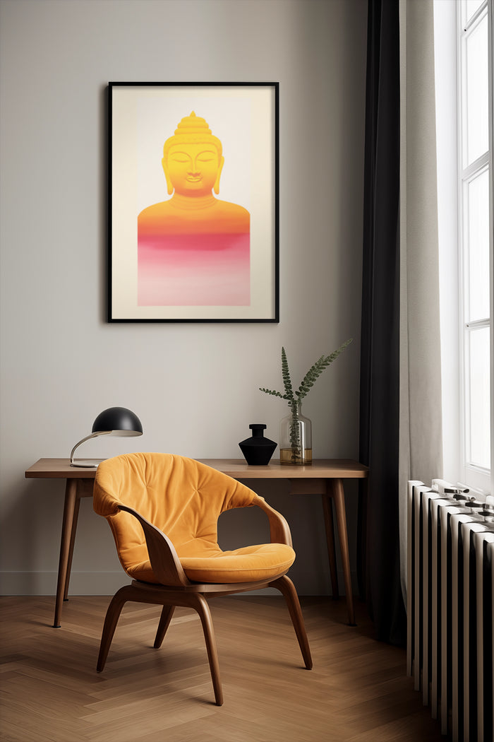 Modern Buddha Artwork Poster in Stylish Home Interior with Elegant Furniture