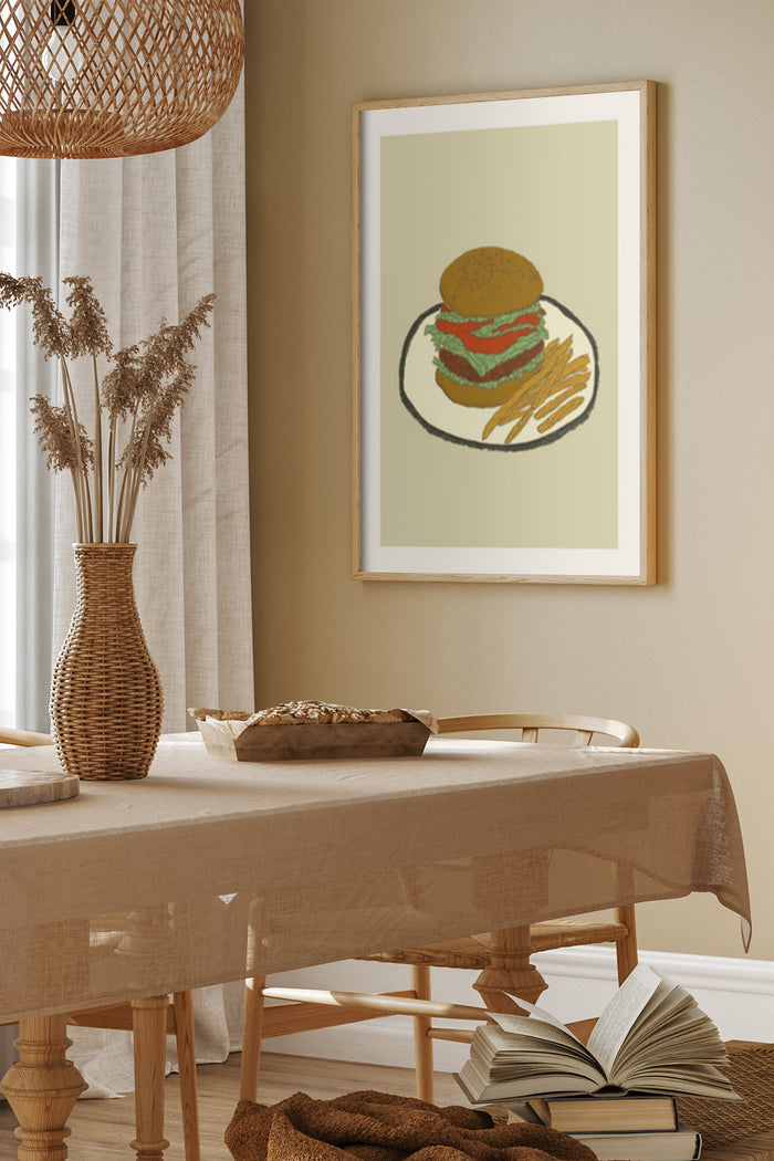 Modern art poster featuring stylized burger and fries in a contemporary dining room setting