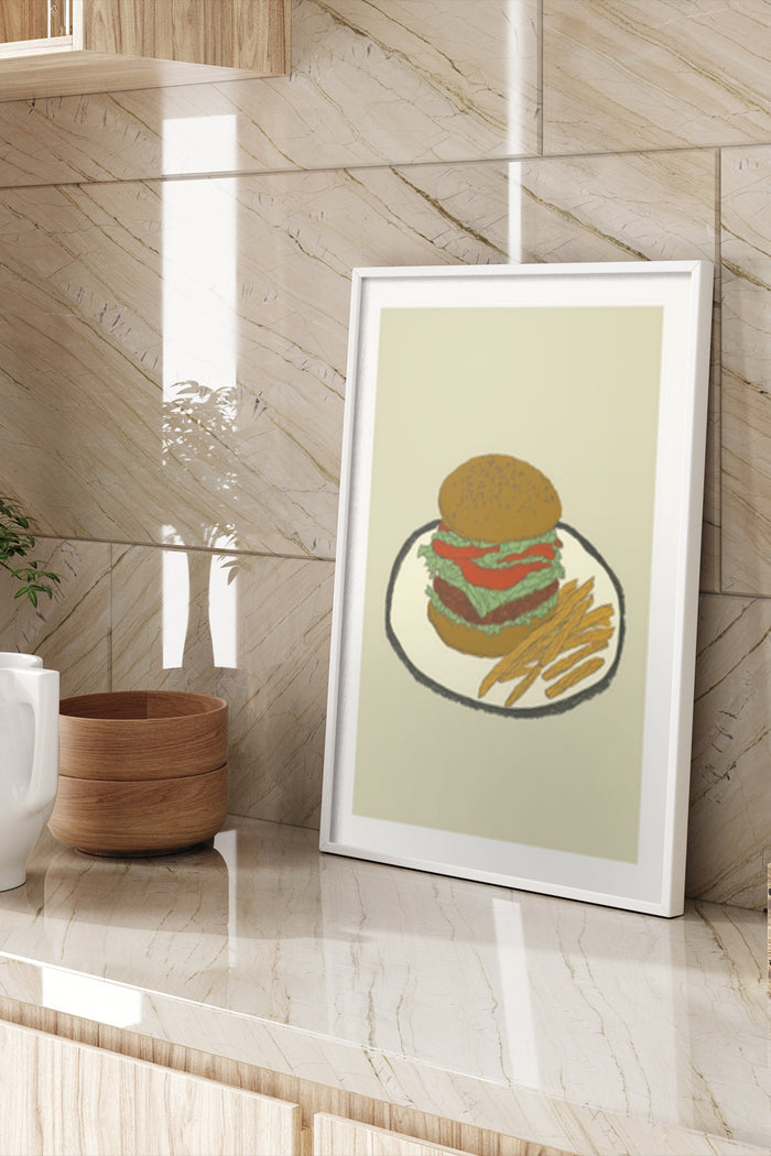 Contemporary styled framed poster of burger and fries artwork in a modern interior