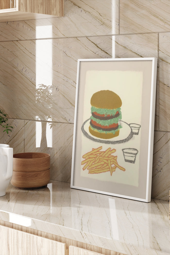 Contemporary Art Poster of a Burger with Fries and Drink in a Stylish Interior