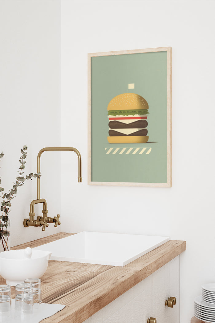 Modern stylized burger illustration art poster in a contemporary kitchen setting