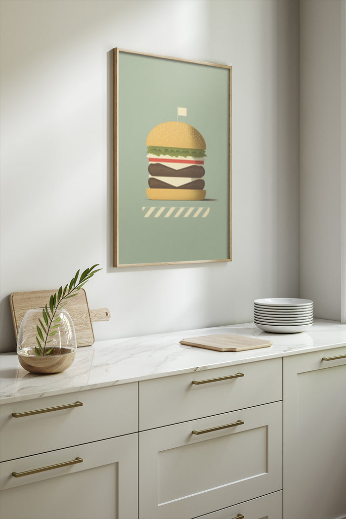 Stylized modern burger artwork poster as kitchen decor on marble countertop