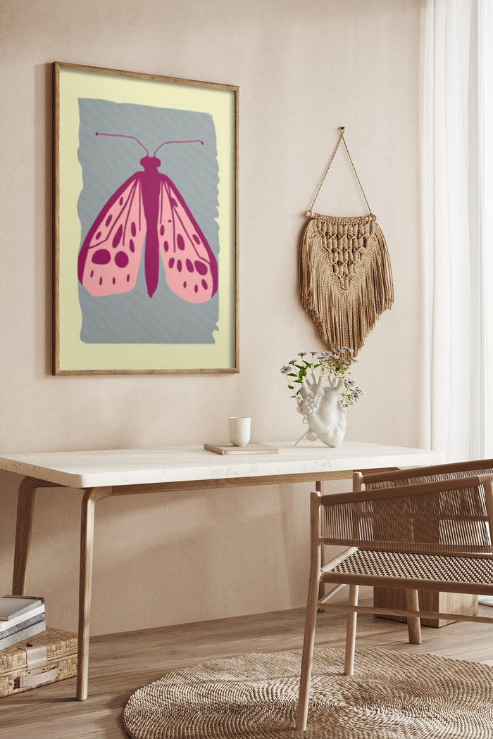 Contemporary styled butterfly illustration framed poster on wall above wooden desk with decorative items