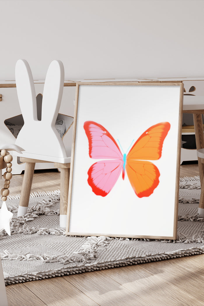 Contemporary butterfly poster on easel in a minimalist room setting