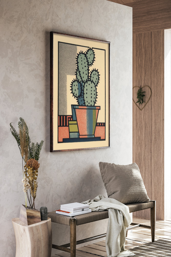 Stylish framed poster of a modern cactus illustration hanging on a room wall with cozy home decor