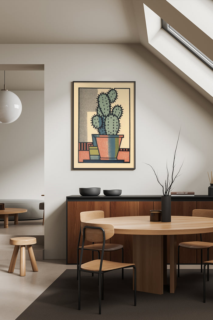 Modern cactus art poster framed on the wall of a contemporary dining room interior