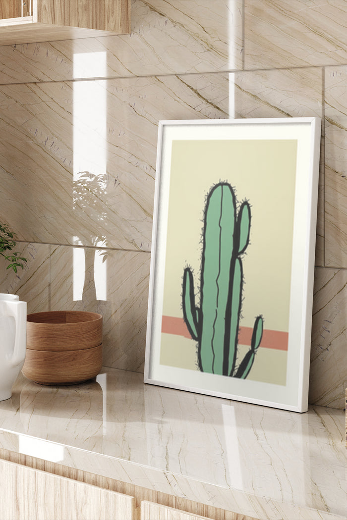 Modern cactus artwork poster framed on a marble wall with warm sunlight and wooden decor