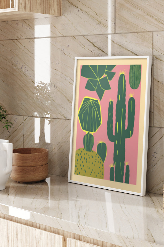 Modern cactus artwork with geometric shapes on a poster in a stylish interior setting