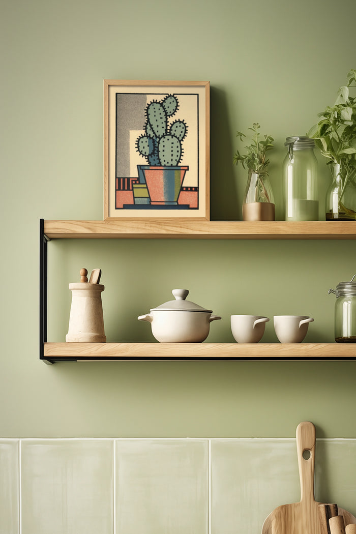 Modern framed cactus artwork on a kitchen shelf with elegant kitchenware and greenery