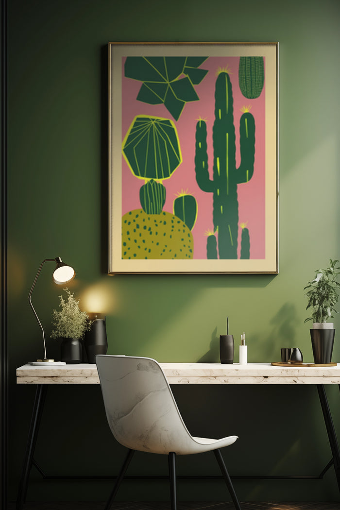 Stylish interior with modern cactus illustration poster on wall