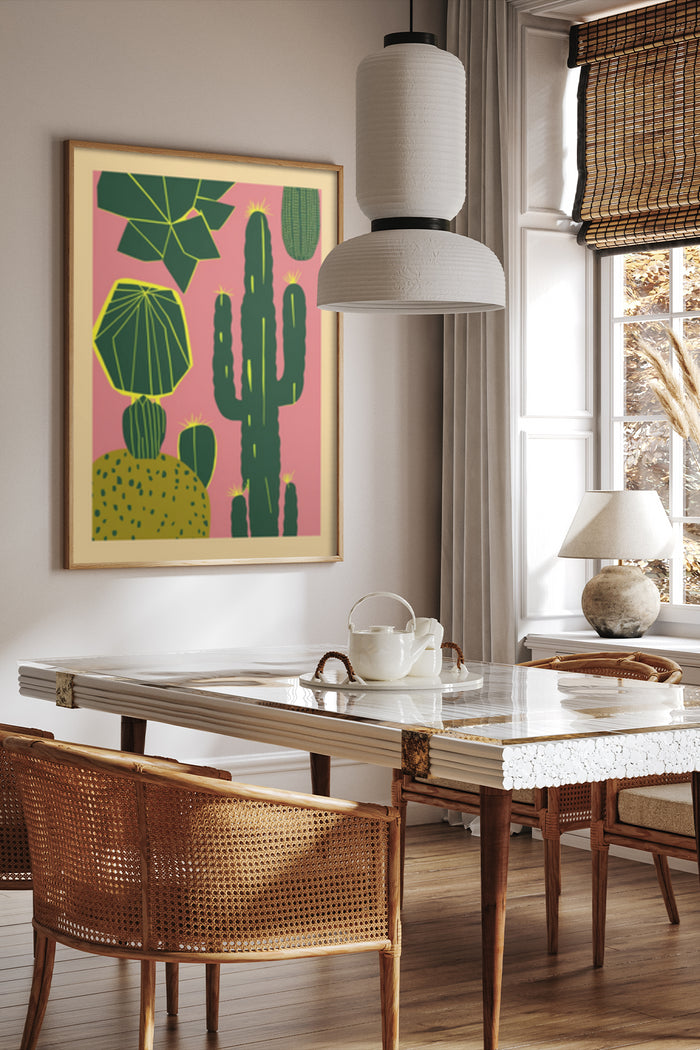 Modern pink poster featuring cactus and leaf geometric artwork in stylish room interior design