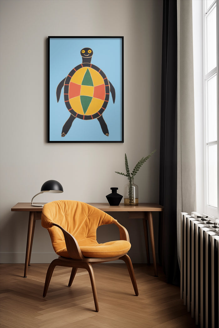 Stylish modern room displaying a cartoon turtle poster with colorful geometric patterns