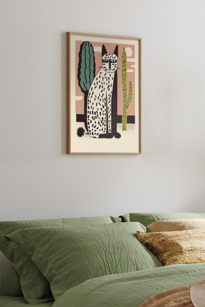 Modern abstract cat and cacti artwork poster in a bedroom setting