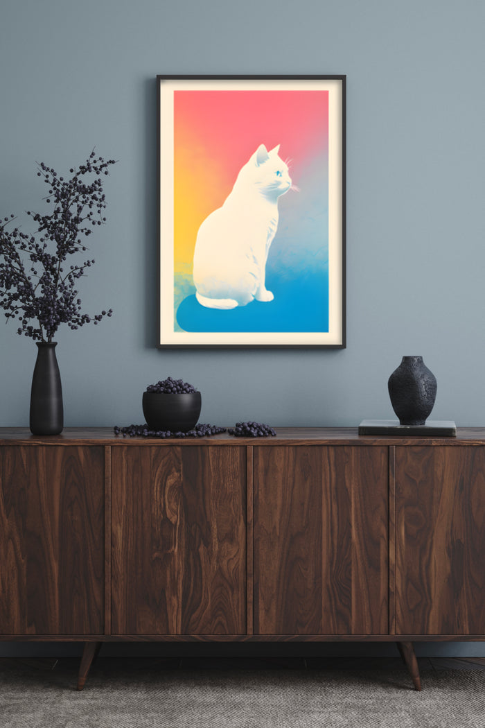 Modern cat art poster with red to blue gradient background displayed in a stylish interior