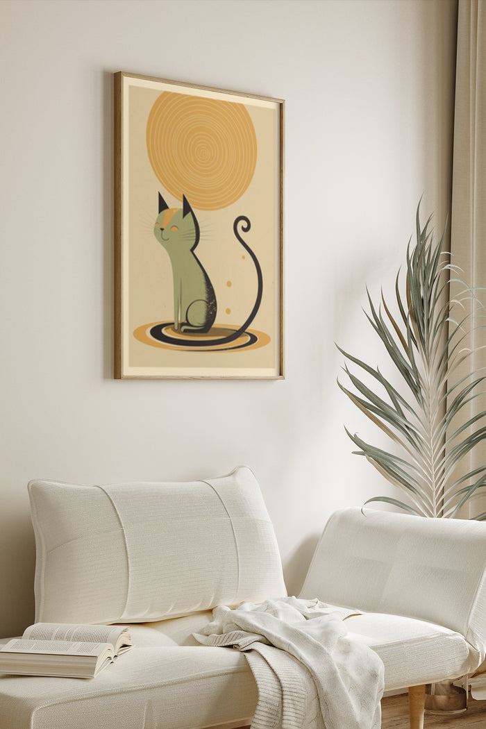 Stylized modern cat art poster featured in contemporary living room setting