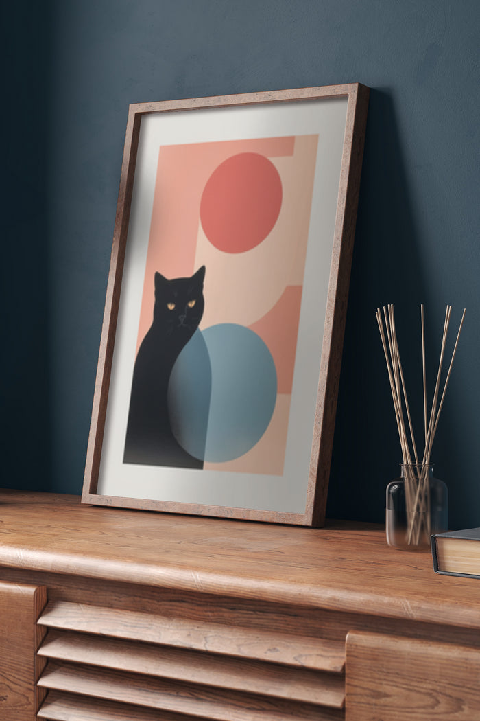 Modern cat artwork with geometric background framed poster in home decor setting