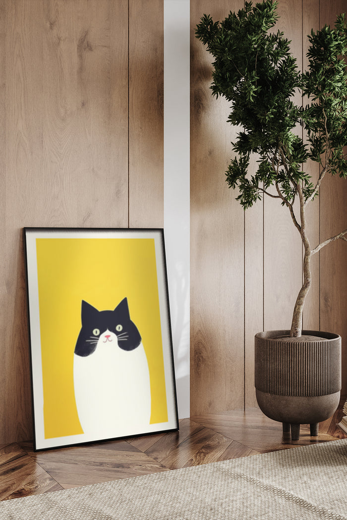 Contemporary cat illustration poster with yellow background displayed in a stylish room next to a potted tree