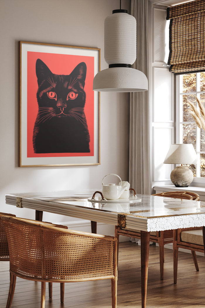 Contemporary black cat illustration on red background, framed poster in stylish dining room