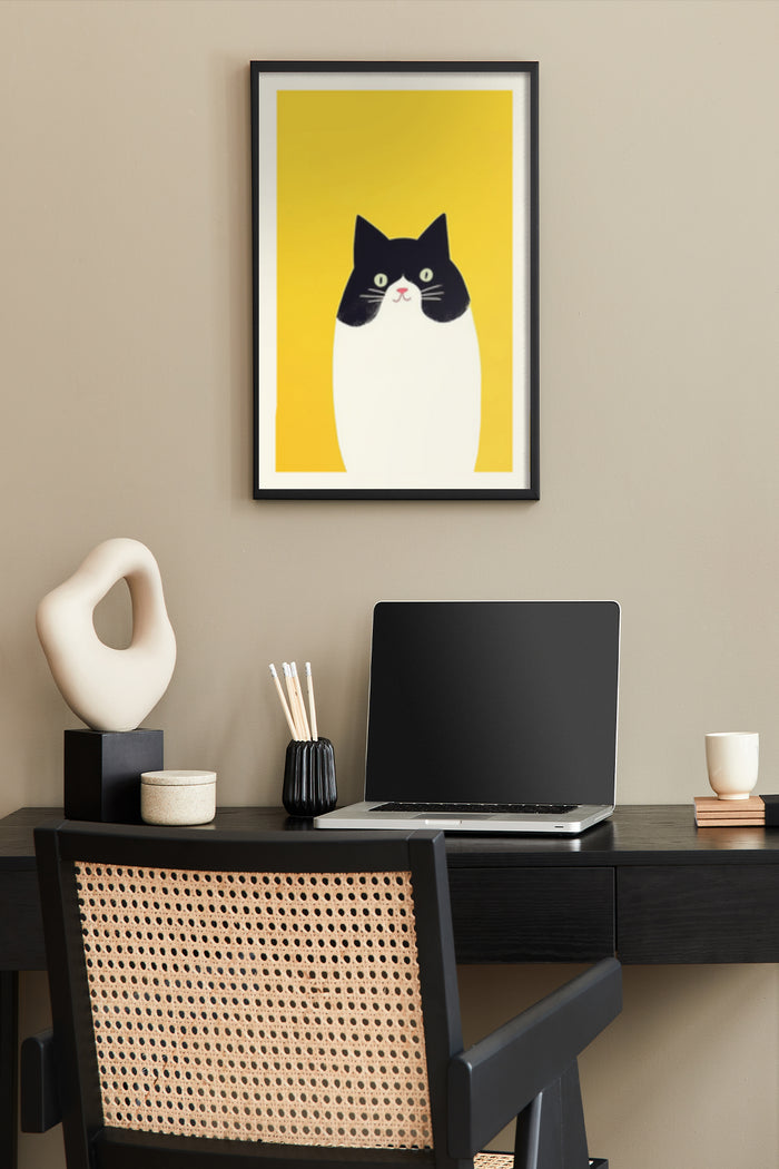 Contemporary black and white cat illustration poster against a vibrant yellow backdrop on home office wall