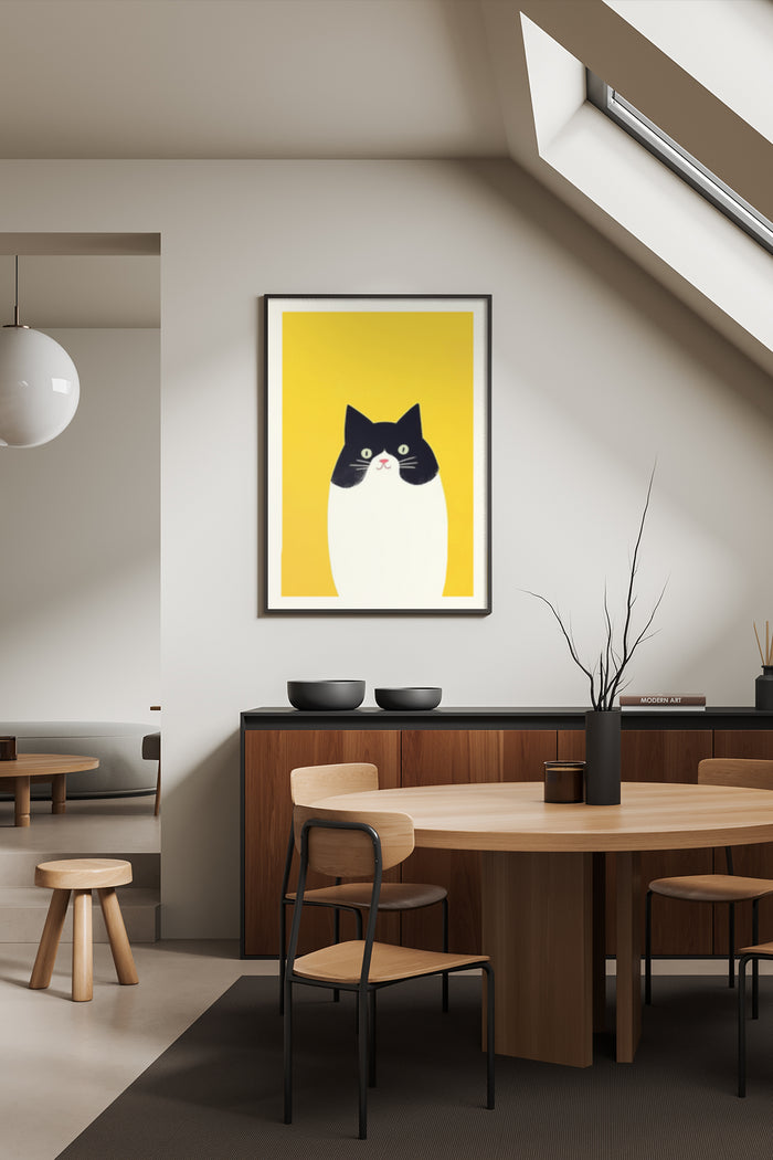 Contemporary cat illustration poster with a yellow background on a wall in a stylish dining room interior