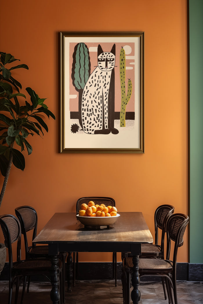 Stylized modern artwork of a cat with cacti poster displayed in a cozy dining room interior