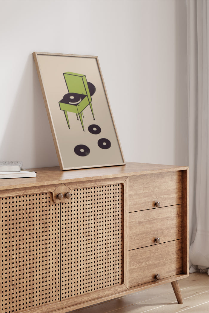 Minimalist modern chair and vinyl records artwork poster in a stylish interior