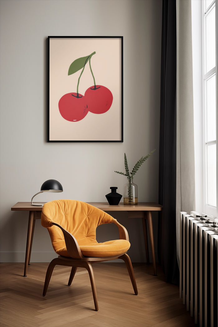Modern minimalist cherry illustration artwork poster framed on a wall in a stylish interior with designer furniture