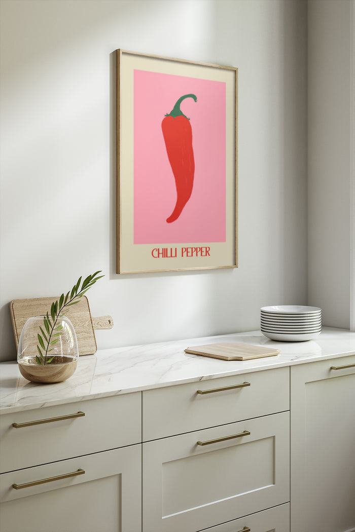 Contemporary red chilli pepper illustration poster in kitchen setting