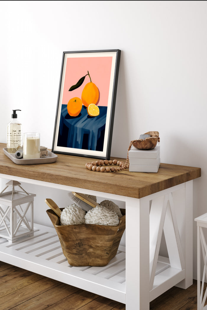 Modern citrus fruit artwork poster in a contemporary interior setting