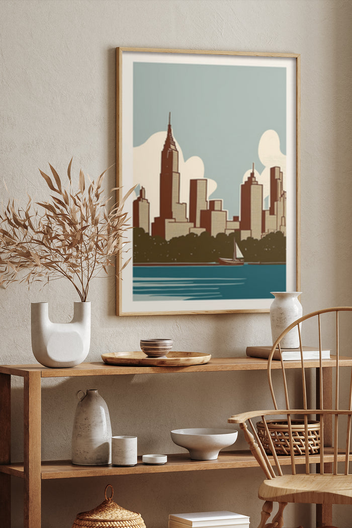 Stylized city skyline poster with river and sailboat in minimalistic home decor setting